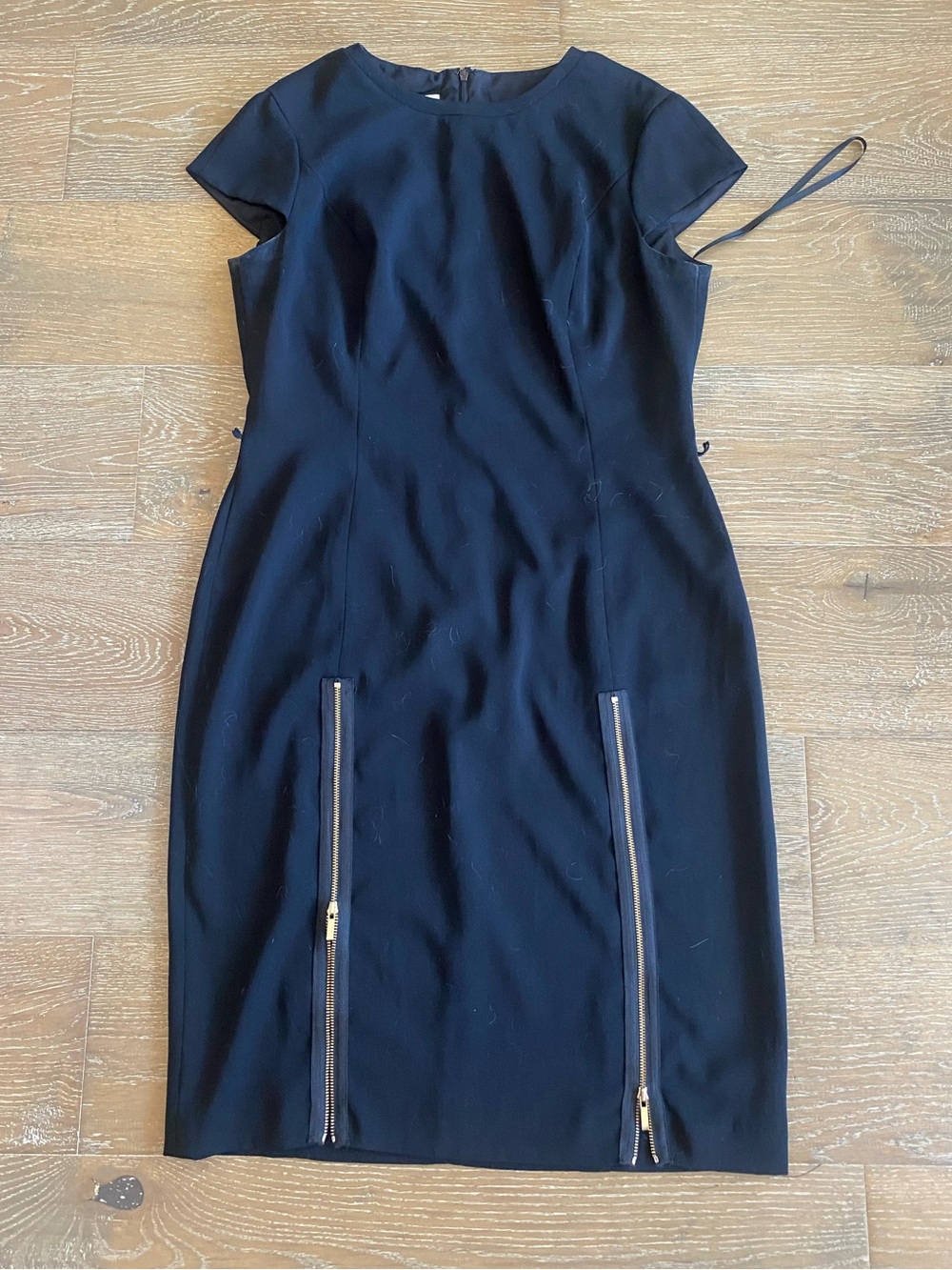Anne Klein Black Gold Zip Front Sheath Pencil Shift Career Cocktail Work Dress 8